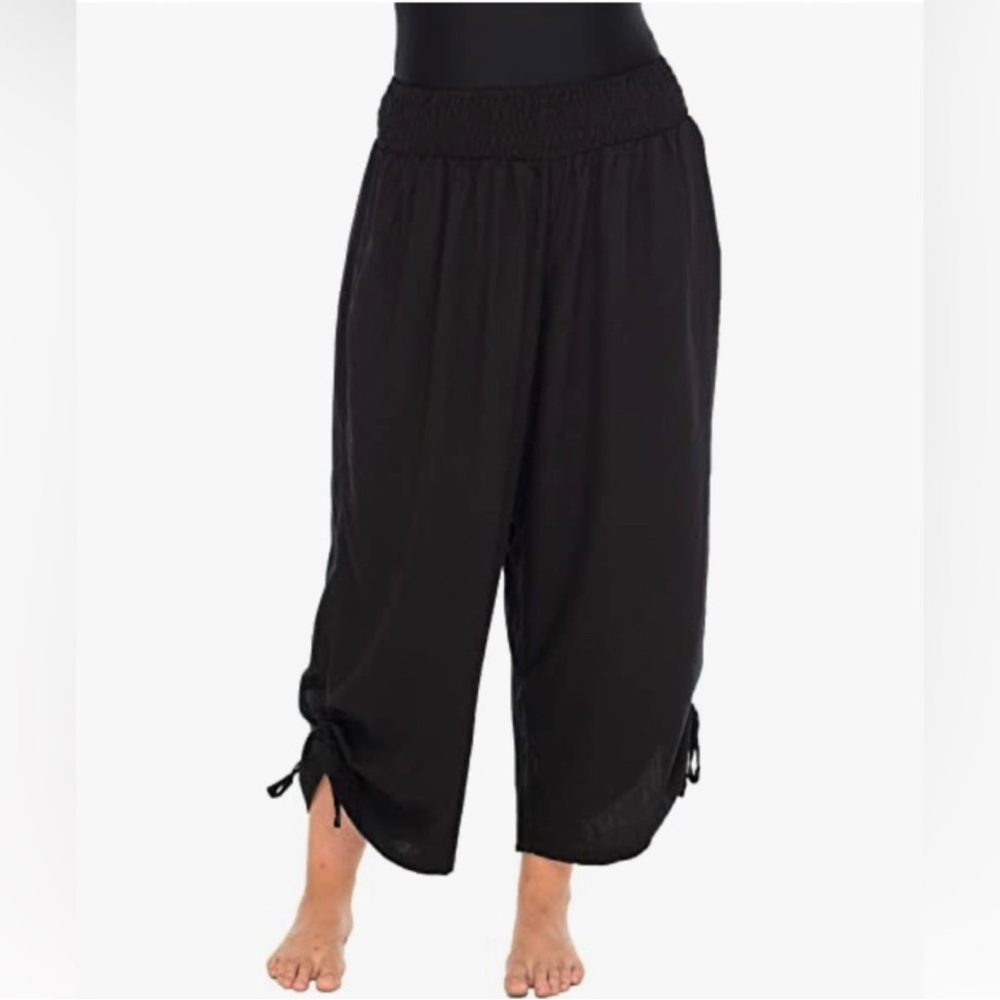 Back from Bali Black Boho Wide Crop drawstring leg dance Pants Smock Waist XXXL